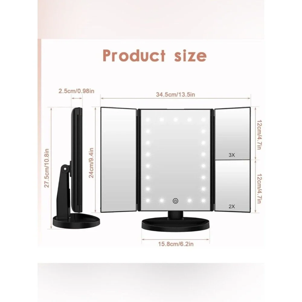 Make Up Mirror LED Magnifying USB Battery Weily Lighted Tri-Fold Adjustable Blk